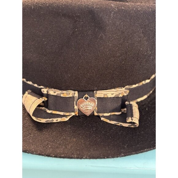 Juicy‎ Couture Black Velour Cowboy Hat Rodeo OSFM Leopard Print Band Y2K Boho